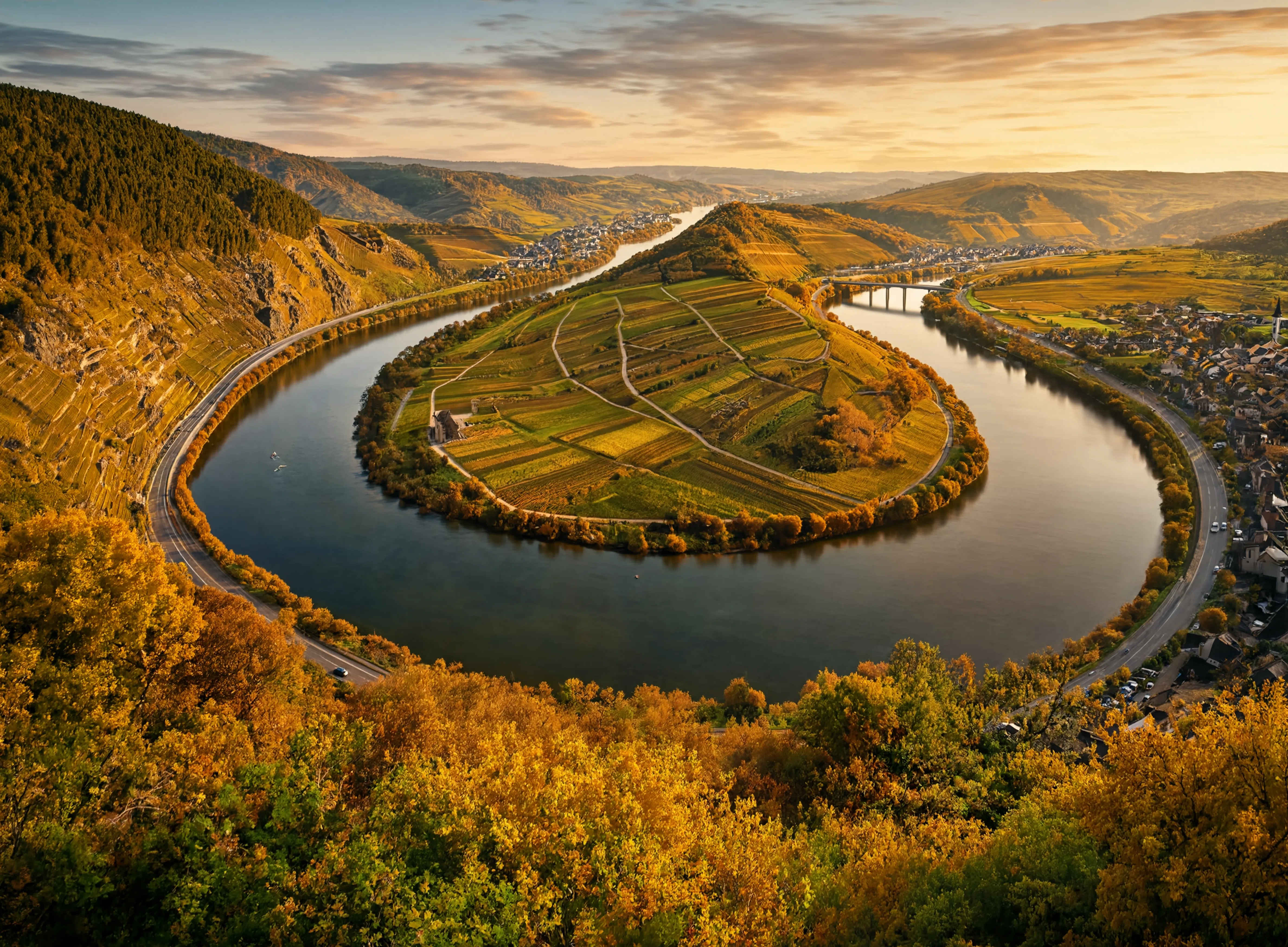 Moselschleife mit goldenen Weinbergen im Herbstlicht — romantisches Moseldeutschland